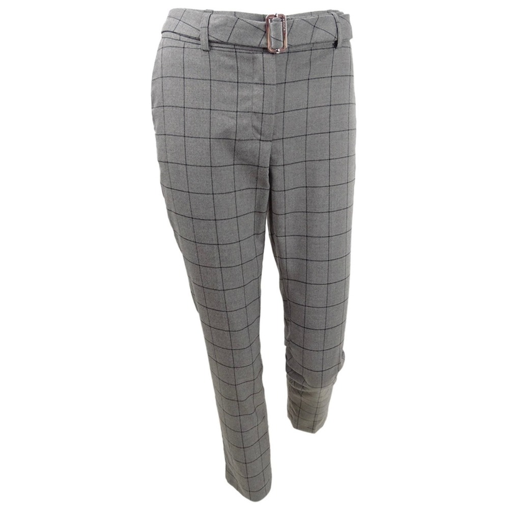 Calvin Klein Womens Grey Windowpane Plaid Belted High Rise Dress Pants New 2